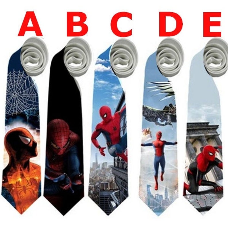 May include: Five neckties with different Spiderman designs. Each tie features a unique Spiderman image against various backgrounds, including cityscapes and action scenes. The ties have a white, rolled top.