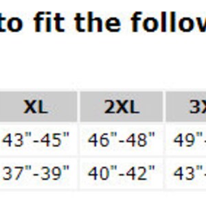 May include: Image displays a size chart for men's apparel, detailing chest and waist measurements in inches for sizes XS to 5XL. The text at the top states that the apparel items are made to fit these measurements.