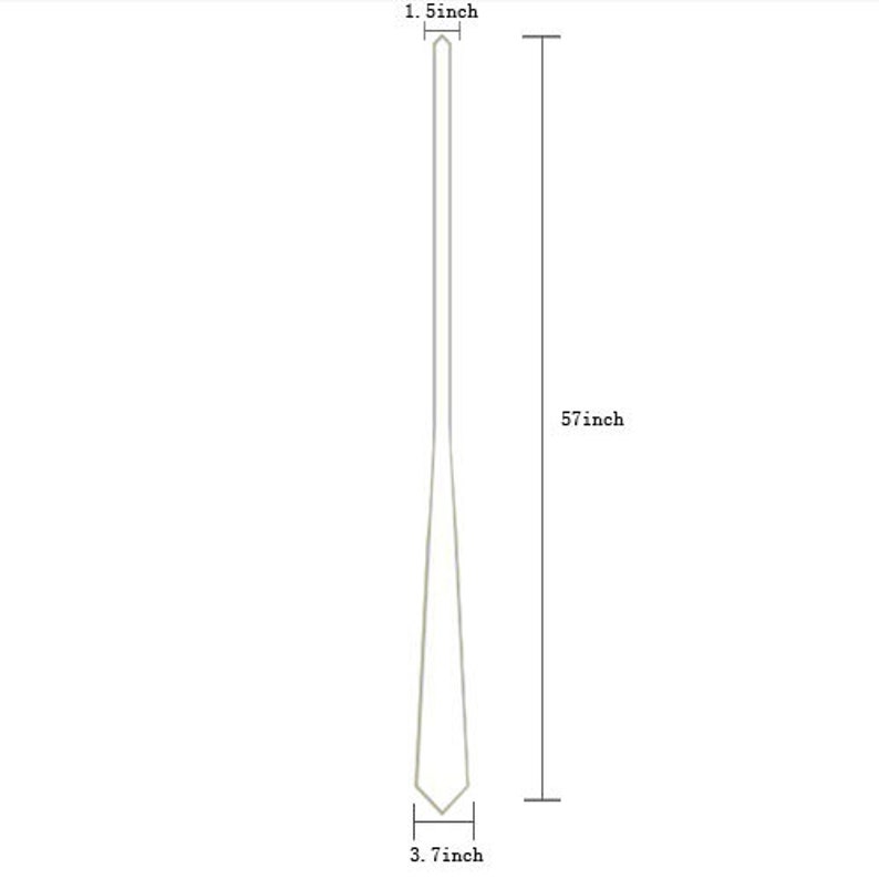 May include: A light-colored tie with measurements indicated. The tie is 57 inches long, 1.5 inches wide at the top, and 3.7 inches wide at the bottom. The tie is a solid color and has a classic shape.