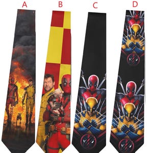 May include: Four neckties with superhero designs. The ties feature images of Deadpool, Wolverine, and other characters. The ties have a variety of backgrounds, including flames, a yellow and red checkered pattern, and a black background.