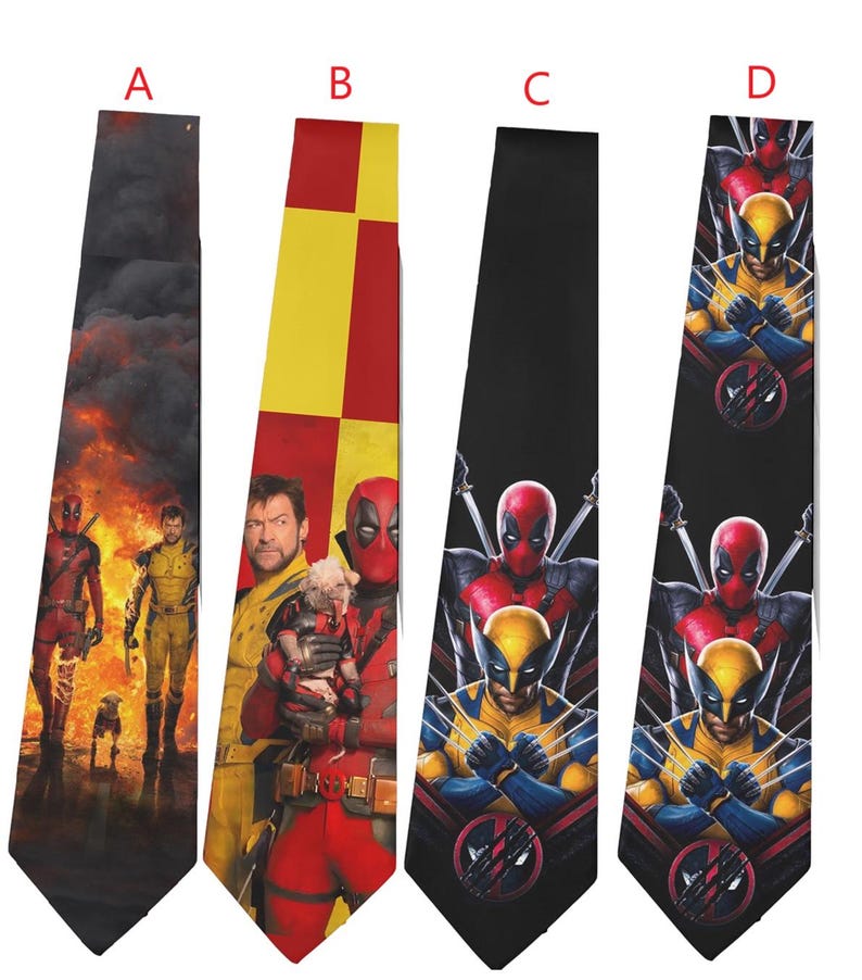 May include: Four neckties with superhero designs. The ties feature images of Deadpool, Wolverine, and other characters. The ties have a variety of backgrounds, including flames, a yellow and red checkered pattern, and a black background.
