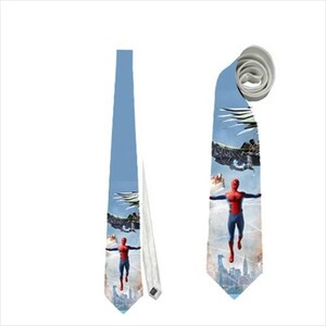 May include: A light blue necktie featuring a Spiderman graphic. The tie has a repeating pattern of the superhero in action, with a cityscape and aircraft in the background. The tie is made of a smooth, likely woven, material.