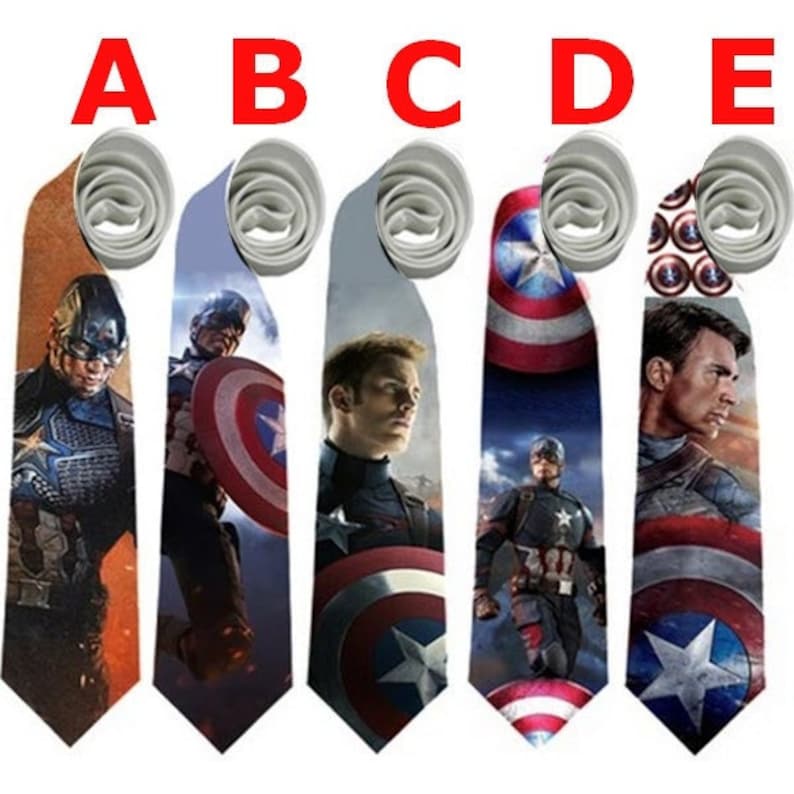 May include: Five neckties featuring Captain America designs. Each tie showcases a different image of the character, including close-ups and action poses. The ties have a white rolled top and a pointed bottom.