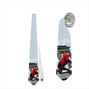 May include: A light blue necktie featuring a Spiderman design. The tie showcases Spiderman in his red and black suit, set against a cityscape backdrop. The tie is a classic accessory for formal or casual wear.