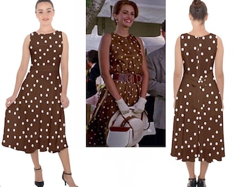 Kleid als hübsche Frau Vivian Ward Julia Roberts braun weiß Polka Dots Kleid 1990 LESEN Sie die BESCHREIBUNG