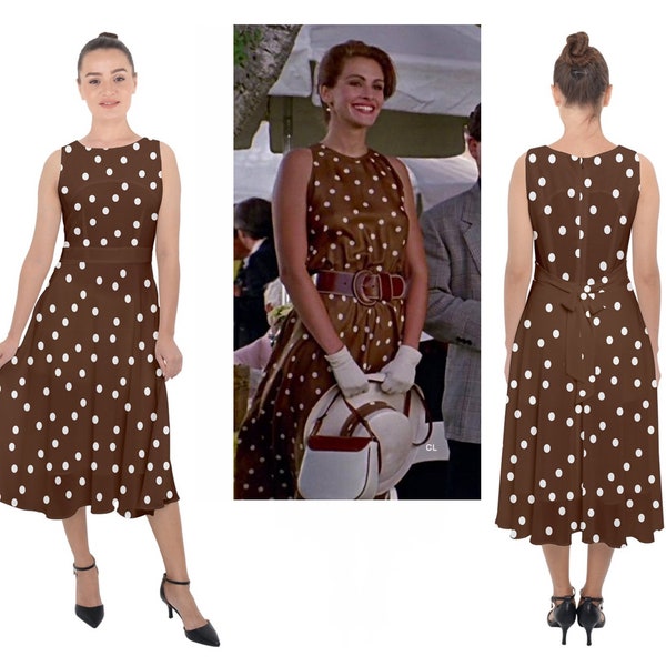 Kleid als hübsche Frau Vivian Ward Julia Roberts braun weiß Polka Dots Kleid 1990 LESEN Sie die BESCHREIBUNG