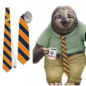 May include: A necktie with diagonal stripes in navy blue and orange, with a gold-colored button. The tie is displayed next to a cartoon sloth wearing a similar tie, a green shirt, and khaki pants, holding a mug that says "YOU WANT IT WHEN?"