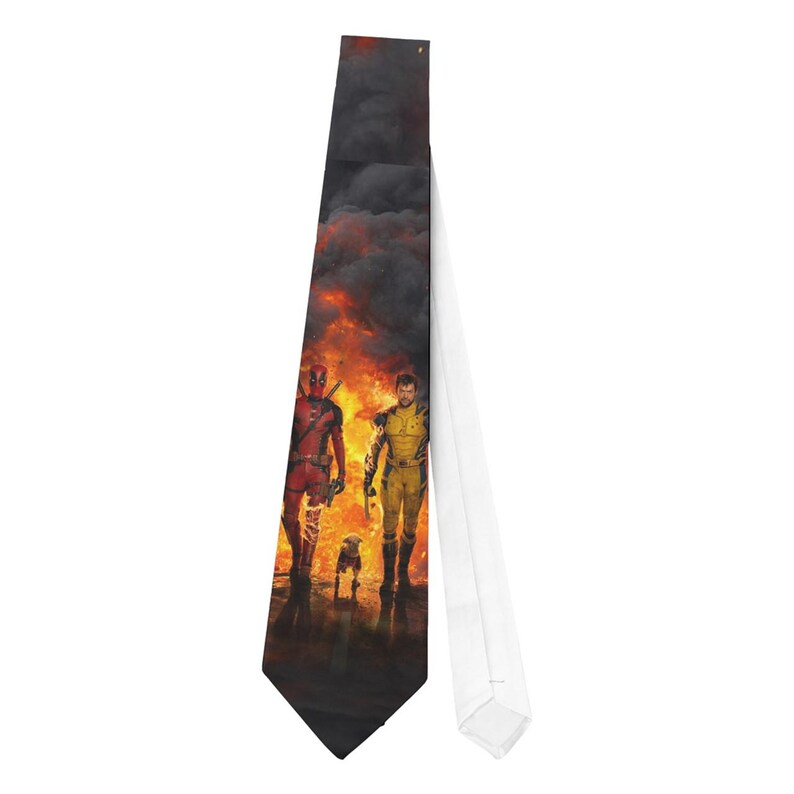May include: A necktie featuring a vibrant action scene with two figures and a dog walking away from an explosion. The tie has a white back and a black front with a fiery background.