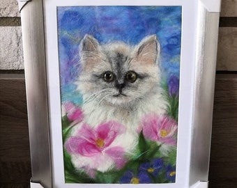 The cat in flowers, wool painting, felt picture, framed with passepartout, wool art, needle felted picture