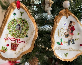 12 Days of Christmas Oyster Ornaments, Coastal Ornaments, 12 Day Ornaments, Christmas Ornaments, Oyster Ornaments, Decoupaged Ornaments