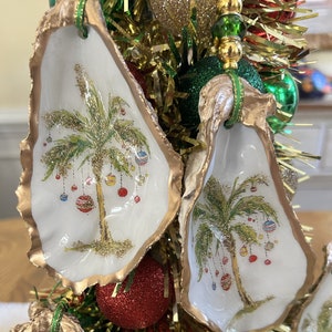 Decoupage Palm Tree Oyster Shell Ornament: Coastal Christmas Decor