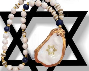Oyster Shell Hanukkah Necklace, Star of David Prayer Beads, Jewish Decor