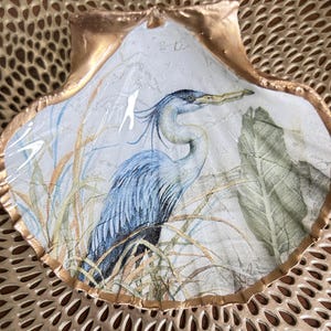 Decoupaged Scallop Shell Ring Dish: Blue Heron Coastal Decor