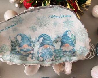 Oyster Shell Ring Dish, Decoupaged, Gnomes Oyster Dish, Coastal Décor, Oyster Jewelry Dish, Decoupage Trinket Dish, Hostess Gift, Beach