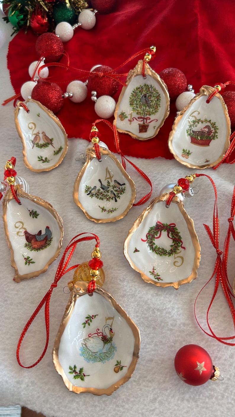 12 Days of Christmas Oyster Shell Ornament, Decoupaged Oyster Christmas Ornament, Coastal Christmas Decor, Tree Decoration, Holiday Ornament image 7