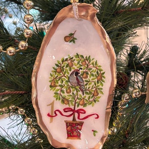 Decoupaged Oyster Shell Christmas Ornament: 12 Days of Christmas, Coastal Holiday Decor