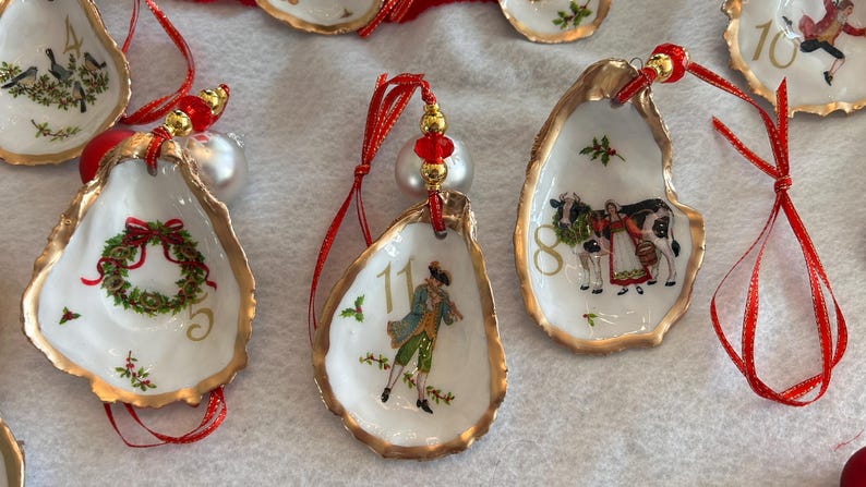 12 Days of Christmas Oyster Shell Ornament, Decoupaged Oyster Christmas Ornament, Coastal Christmas Decor, Tree Decoration, Holiday Ornament image 6