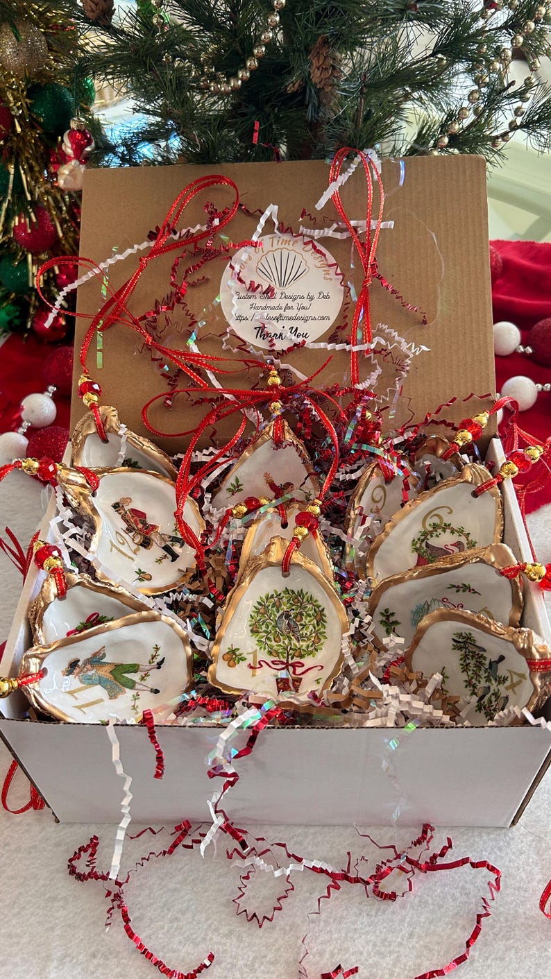12 Days of Christmas Oyster Shell Ornament, Decoupaged Oyster Christmas Ornament, Coastal Christmas Decor, Tree Decoration, Holiday Ornament image 2