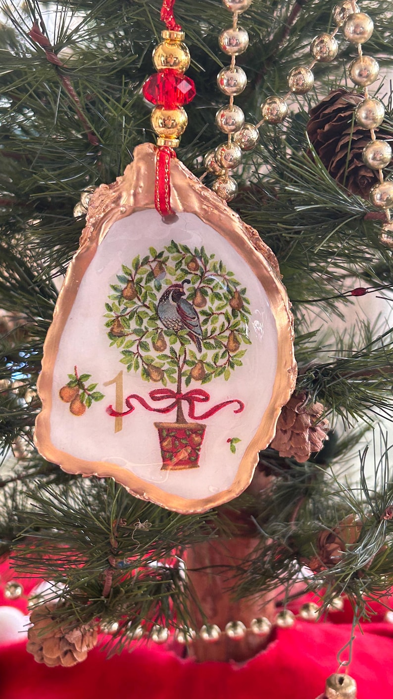 12 Days of Christmas Oyster Shell Ornament, Decoupaged Oyster Christmas Ornament, Coastal Christmas Decor, Tree Decoration, Holiday Ornament image 8