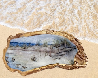 Ocean Dune Oyster Ring Dish | Coastal Jewelry Holder | Gold Leaf Accents