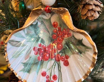 Handcrafted Christmas Holly Scallop Shell Ornament: Coastal Holiday Decor