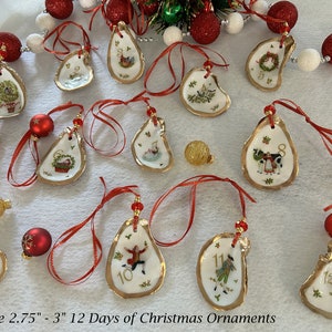 12 Days of Christmas Oyster Shell Ornament, Decoupaged Oyster Christmas Ornament, Coastal Christmas Decor, Tree Decoration, Holiday Ornament Shell 2.75" - 3"