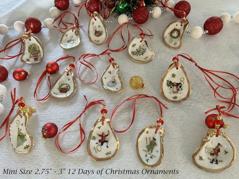 12 Days of Christmas Oyster Shell Ornament, Decoupaged Oyster Christmas Ornament, Coastal Christmas Decor, Tree Decoration, Holiday Ornament Shell 2.75" - 3"