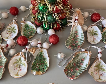 Decoupaged Oyster Christmas Ornaments: Coastal Palm Tree Decor