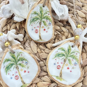 Oyster Shell Ornament, Palm Tree Ornament, Oyster shell ornament set, Oyster Christmas ornament, Decoupage oyster shell, Coastal Ornament