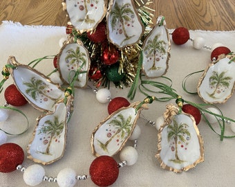 Oyster shell ornament set, Palm tree ornament, Shell Christmas ornament, Decoupage oyster shell, Beach ornament, Wine bottle tag, Coastal