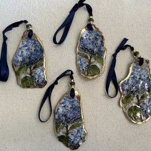 Oyster shell ornament, Oyster Shell blue-white ornaments, Decoupage blue white ornaments, Oyster shell ornaments, Coastal Shell Ornaments