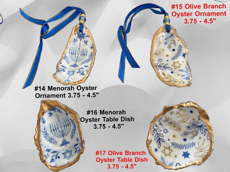 May include: Oyster shell ornaments and dishes with blue and gold accents. The ornaments have blue ribbons for hanging. Designs include menorahs, olive branches, and stars. Sizes range from 3.75 to 4.5 inches.