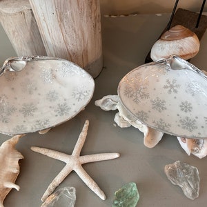 Decoupaged Clam Shell Ring Dish: Silver Snowflake Coastal Decor