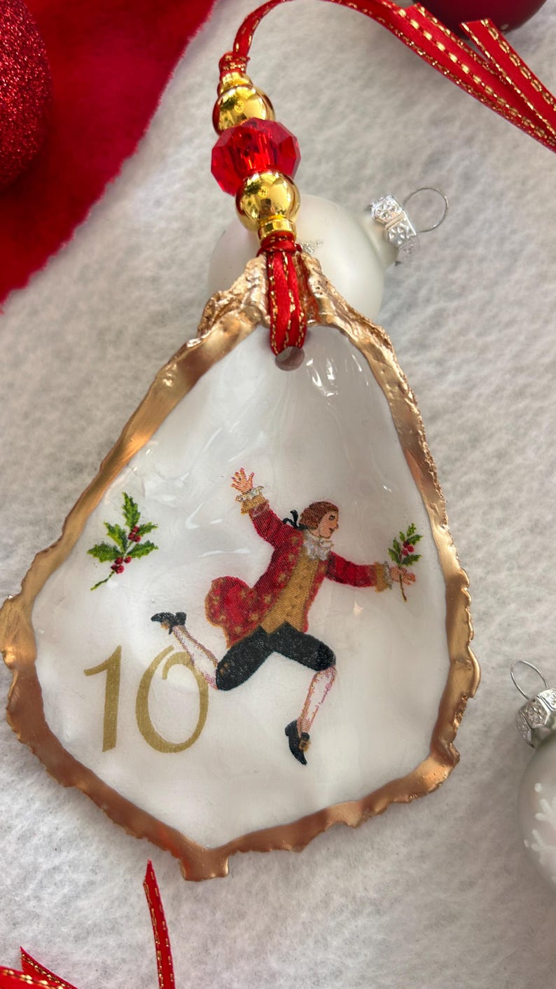 12 Days of Christmas Oyster Shell Ornament, Decoupaged Oyster Christmas Ornament, Coastal Christmas Decor, Tree Decoration, Holiday Ornament image 4