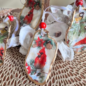 Decoupage Cardinal Oyster Shell Christmas Ornament: Coastal Holiday Decor
