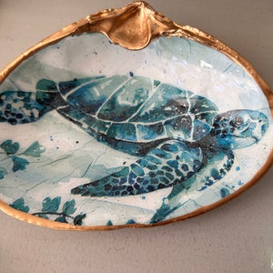 Decoupaged Clam Shell Ring Dish: Turtle Coastal Decor