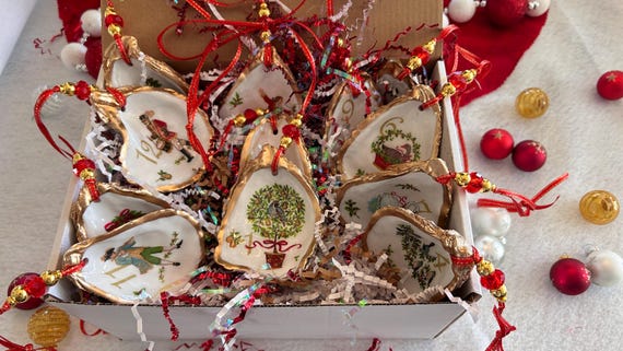 12 Days of Christmas Oyster Shell Ornament, Decoupaged Oyster Christmas Ornament, Coastal Christmas Decor, Tree Decoration, Holiday Ornament