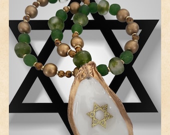 Oyster Shell Star of David Necklace: Jewish Blessing Beads, Hanukkah Decor