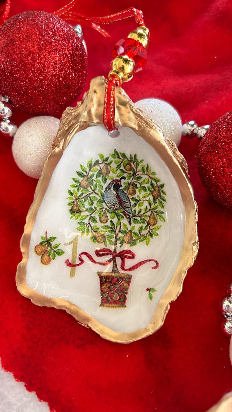 12 Days of Christmas Oyster Shell Ornament, Decoupaged Oyster Christmas Ornament, Coastal Christmas Decor, Tree Decoration, Holiday Ornament image 5