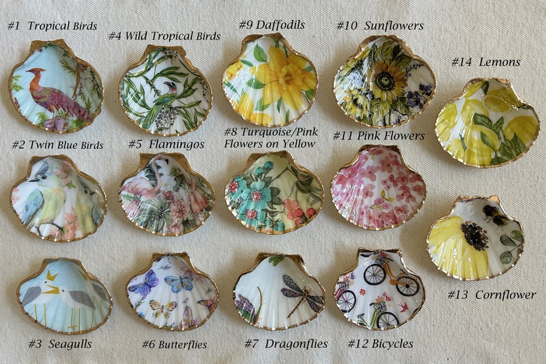 Decoupaged Scallop Shell Ring Dish | Coastal Trinket Holder, Gold Trim ...
