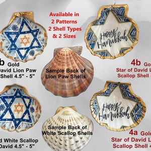 May include: Gold scallop shells with Star of David and "Happy Hanukkah" designs. Shells are 4.5" - 5" in size. Available in 2 patterns, 2 shell types, and 2 sizes. The shells have gold rims and blue and white accents.
