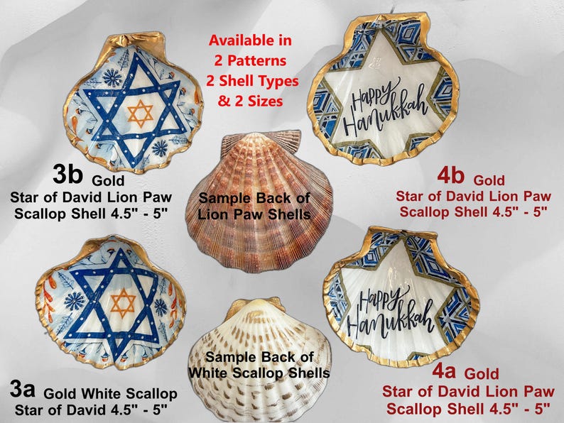 May include: Gold scallop shells with Star of David and "Happy Hanukkah" designs. Shells are 4.5" - 5" in size. Available in 2 patterns, 2 shell types, and 2 sizes. The shells have gold rims and blue and white accents.