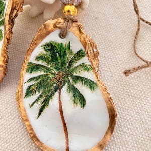 Oyster Shell Ornament, Palm Tree Ornament, Oyster shell ornament set, Oyster Christmas ornament, Decoupage oyster shell, Coastal Ornament