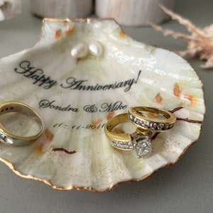 Decoupaged Scallop Shell Ring Dish: Cultured Pearl Wedding Ceremony Decor