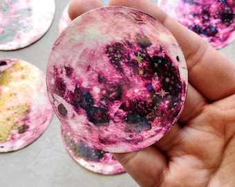 Holographic Pink Full Moon Sticker: Mystical Lunar Decal