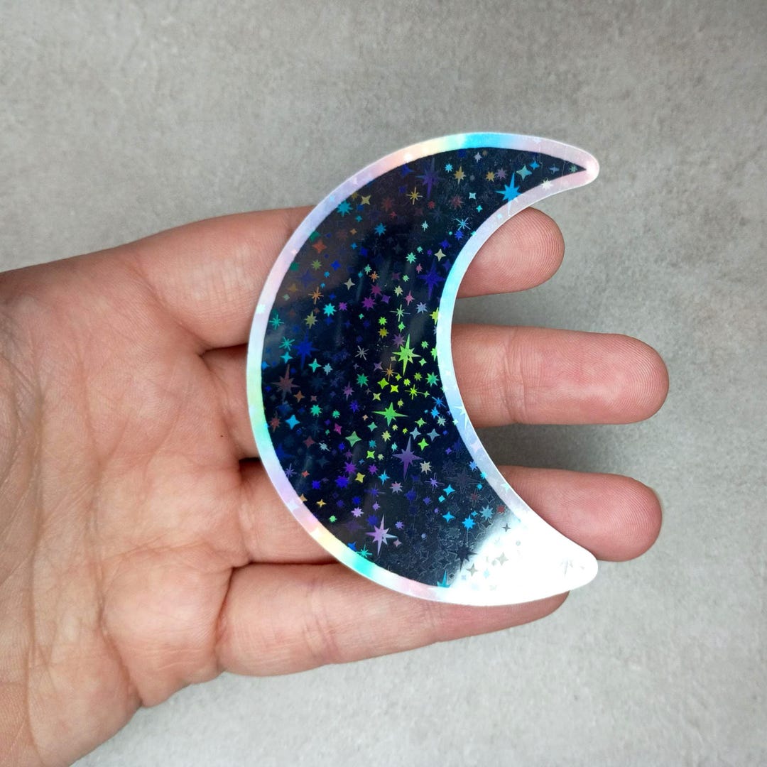 Crescent Sticker Holographic Crescent Moon Sticker - Sparkly Celestial Lunar Vinyl Decal ...