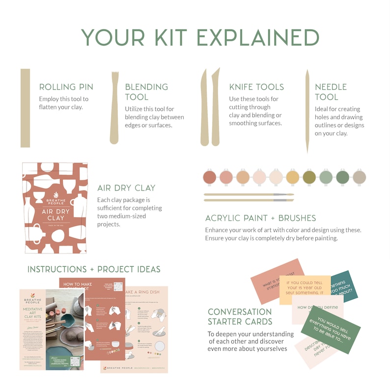 May include: A craft kit for making clay projects. The kit includes air dry clay, tools for shaping and cutting clay, acrylic paint, brushes, and conversation starter cards. The kit is packaged in a brown box with a white label that says "Breathe People Air Dry Clay".