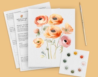 Beginner Watercolor Kit, Floral Outline, Practice Sheets