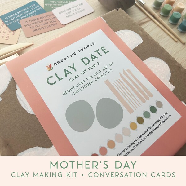 Mother's Day Gift Pottery Kit for 2 with Conversation Cards, Mother Daughter Activity, Beginner Clay Activity, DIY Craft Kit for Adults