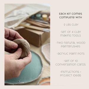May include: A pottery kit with 2 pounds of clay, 4 clay making tools, 2 natural wood paintbrushes, acrylic paint pots, 10 conversation cards, and instructions and project ideas.